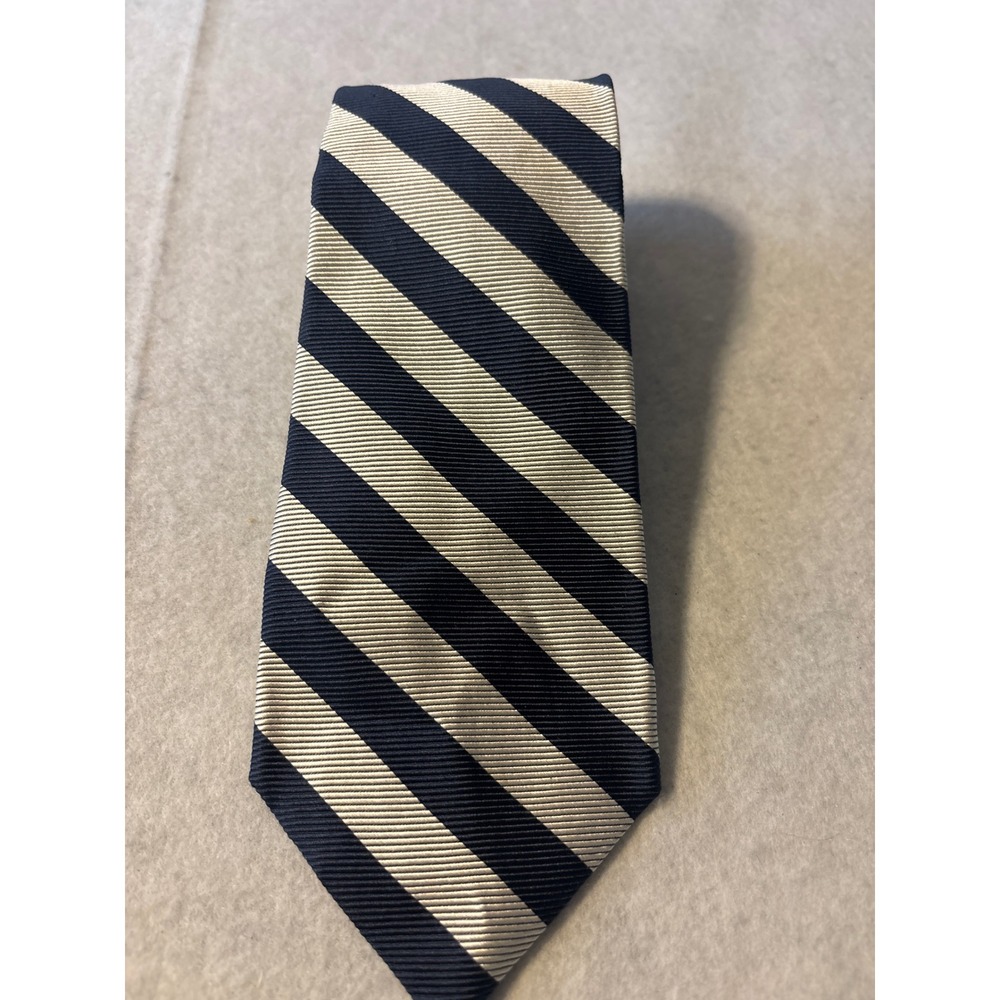 Faconnable Silk Necktie‎ Mens OS Navy Blue Silver Striped Made in France